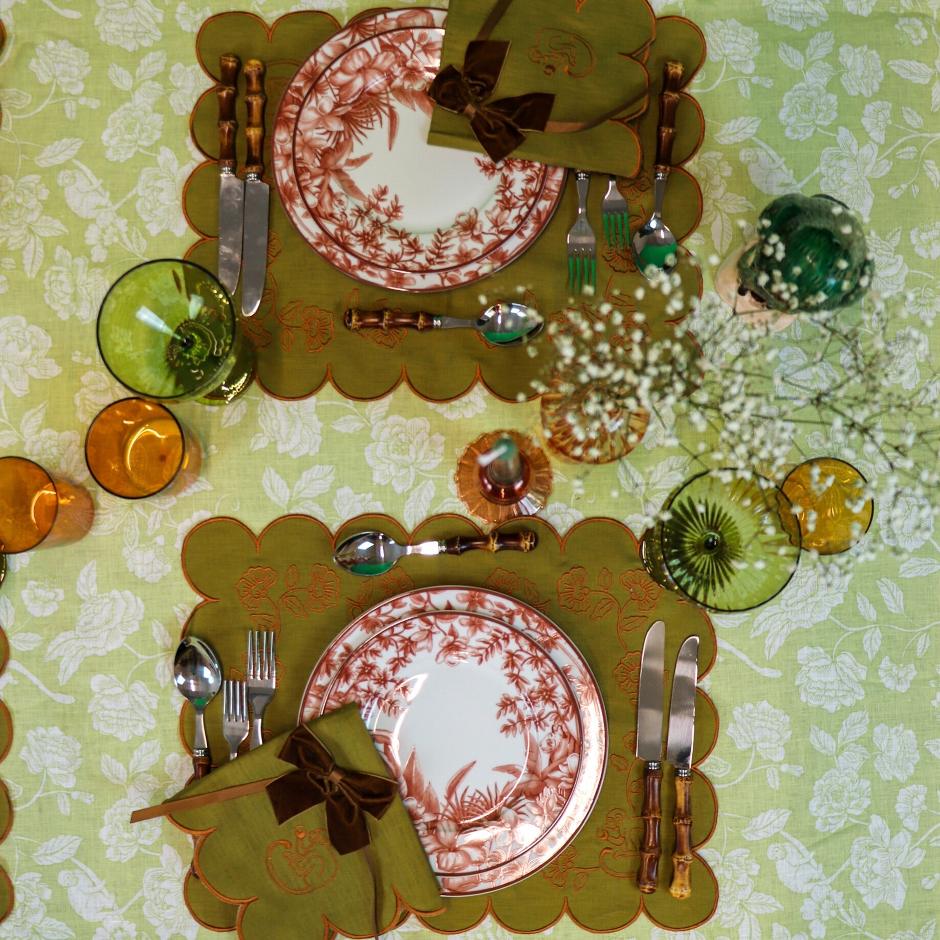 Nappe en lin Eden Flora Parlour en vert et blanc