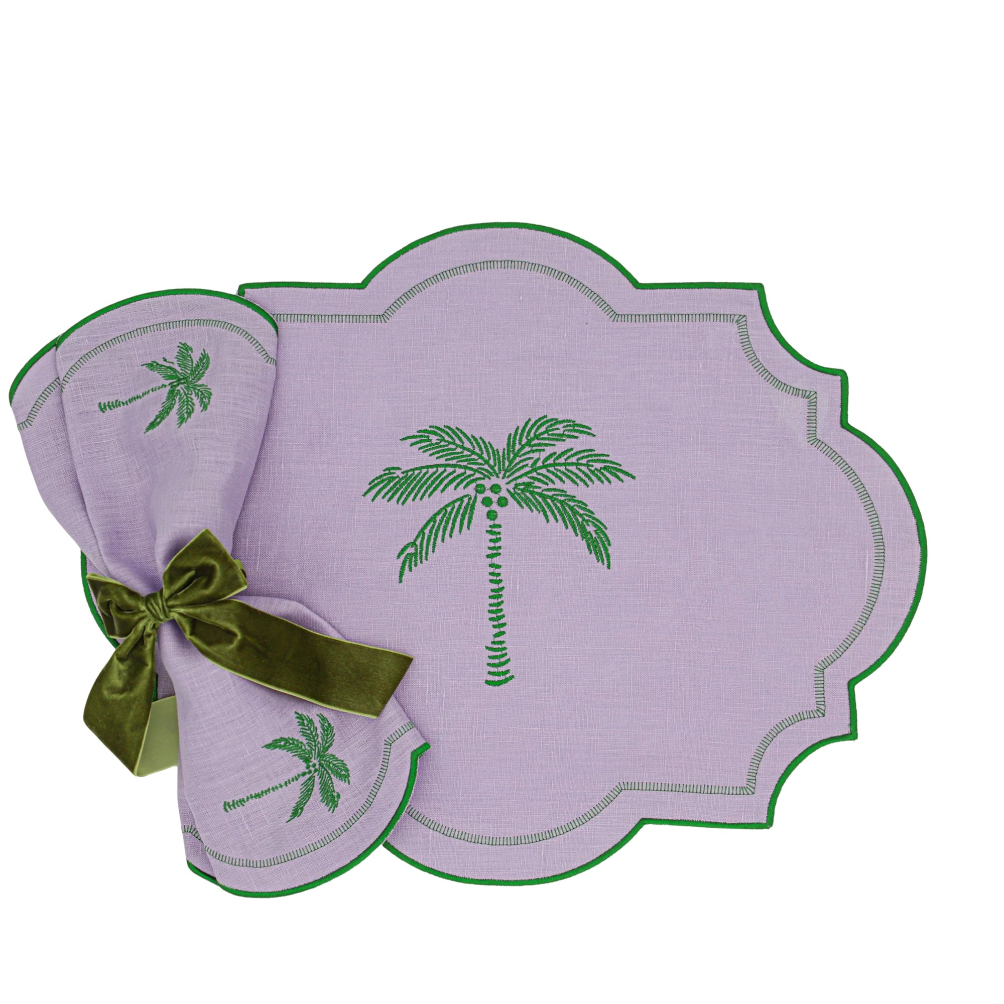 Serviettes en lin Mirage Jeweled Lilas avec broderie et bordure vertes (lot de 4)
