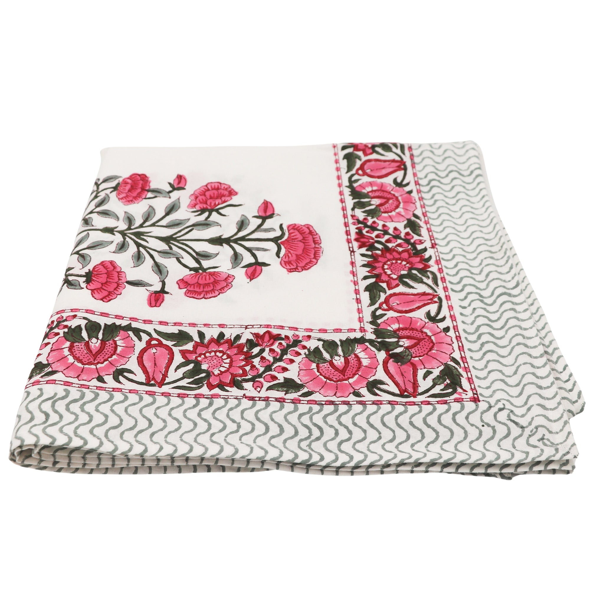 Nappe en coton Rose Garden blanche avec motif imprimé à la main rose et vert