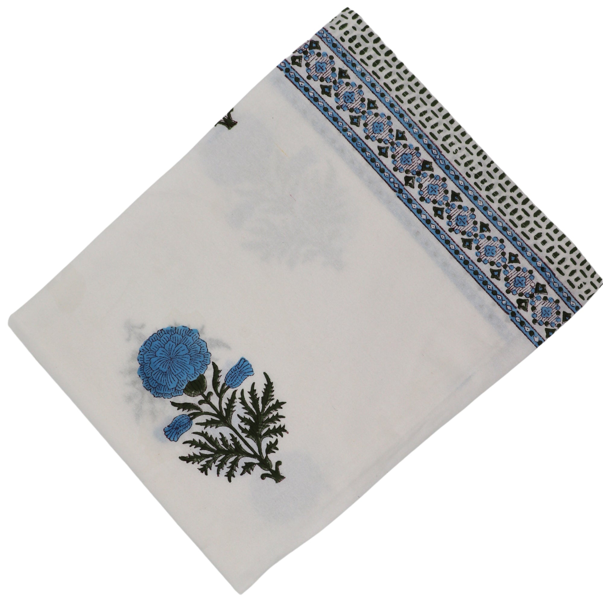 Nappe Toile de Blu Hortensia en coton blanc avec motif bleu et vert imprimé à la main