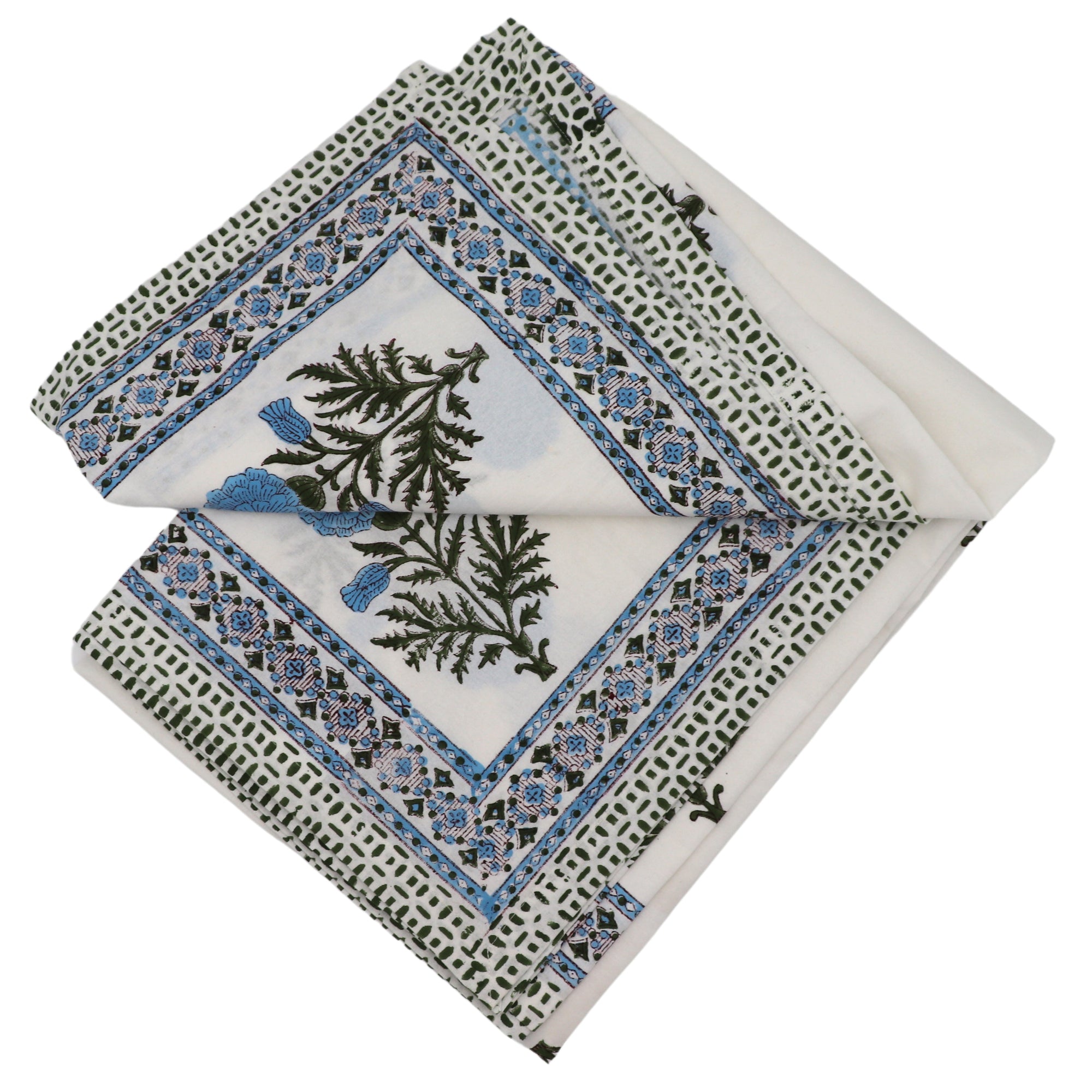 Nappe Toile de Blu Hortensia en coton blanc avec motif bleu et vert imprimé à la main