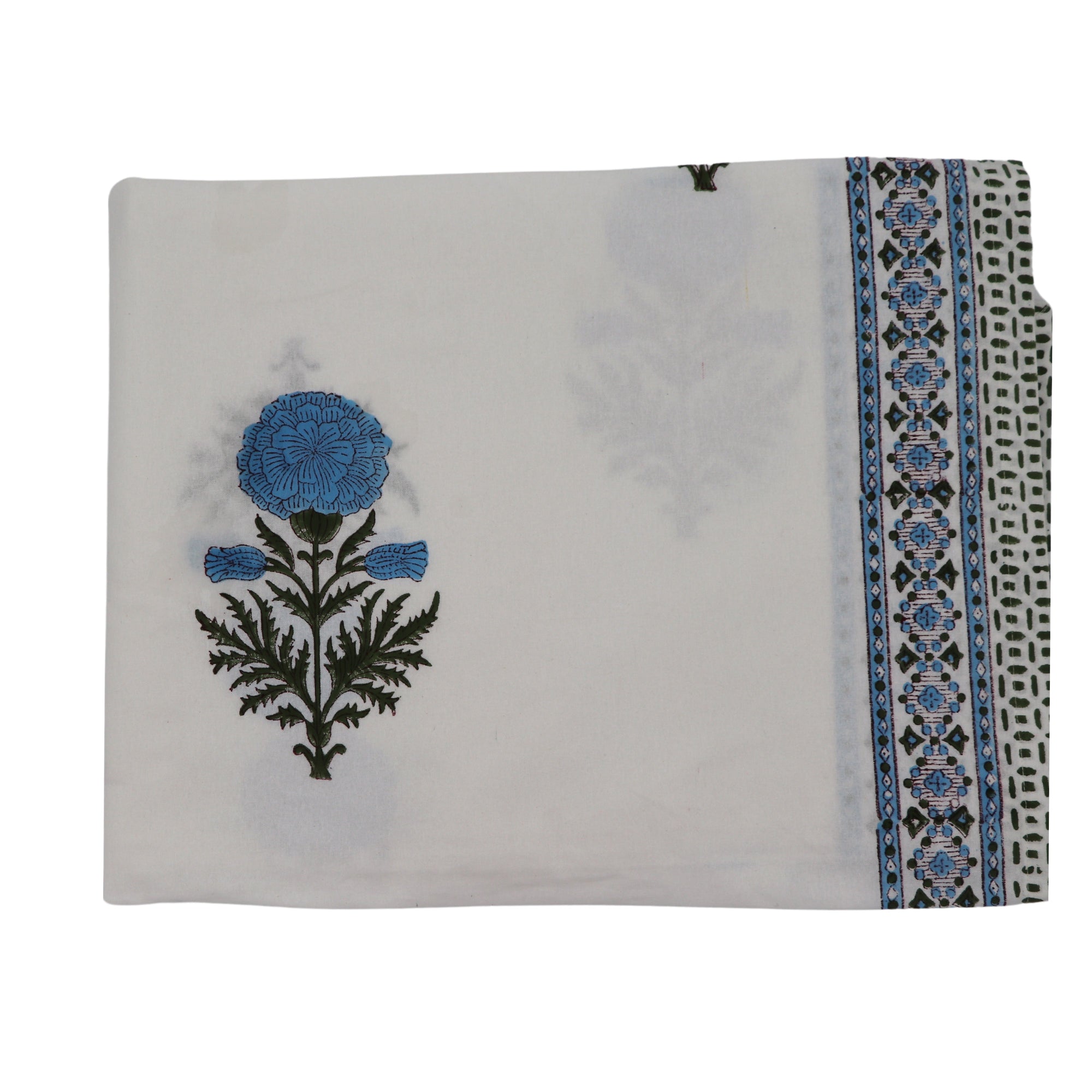 Nappe Toile de Blu Hortensia en coton blanc avec motif bleu et vert imprimé à la main