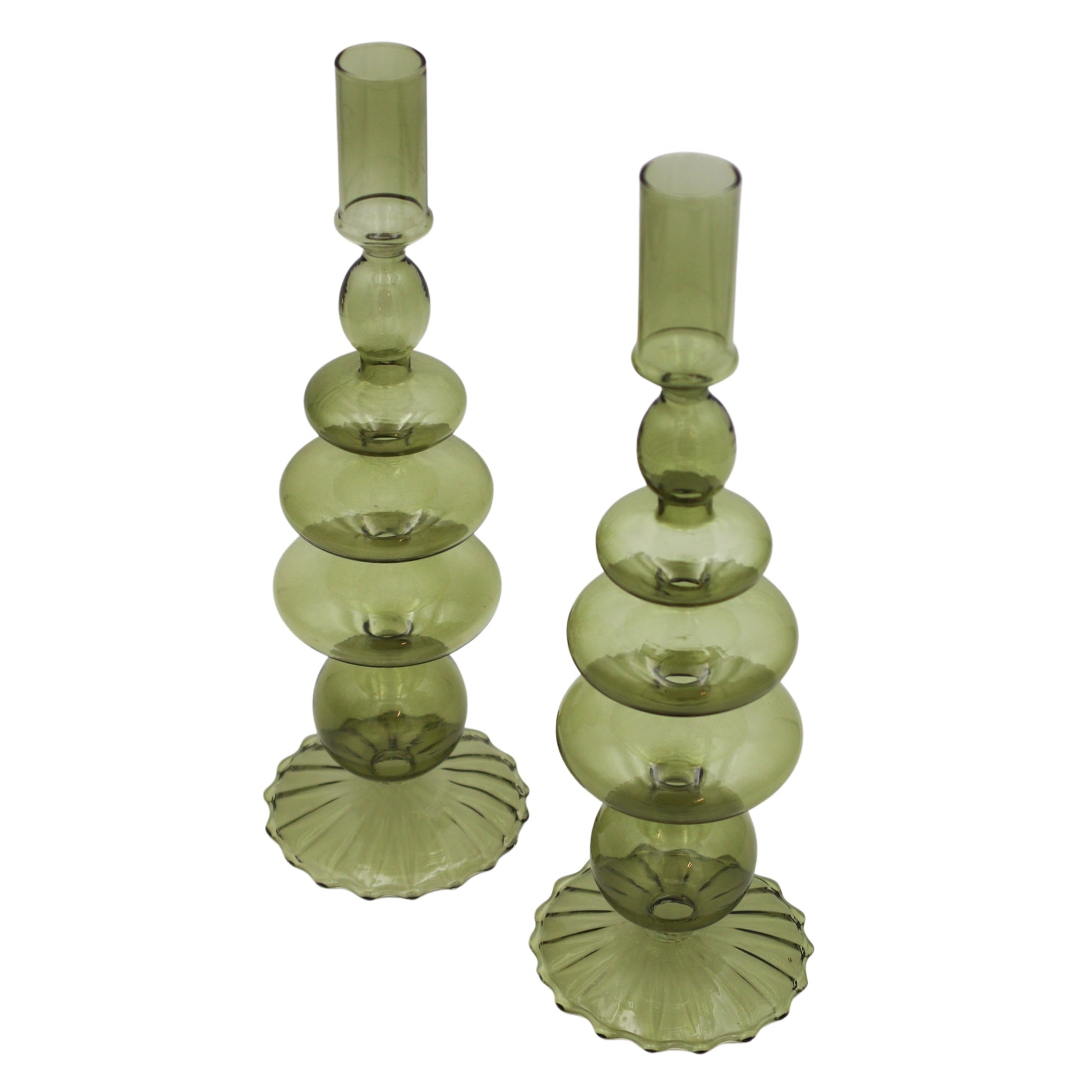 Bougeoir en saule vert avec base nervurée (lot de 2)