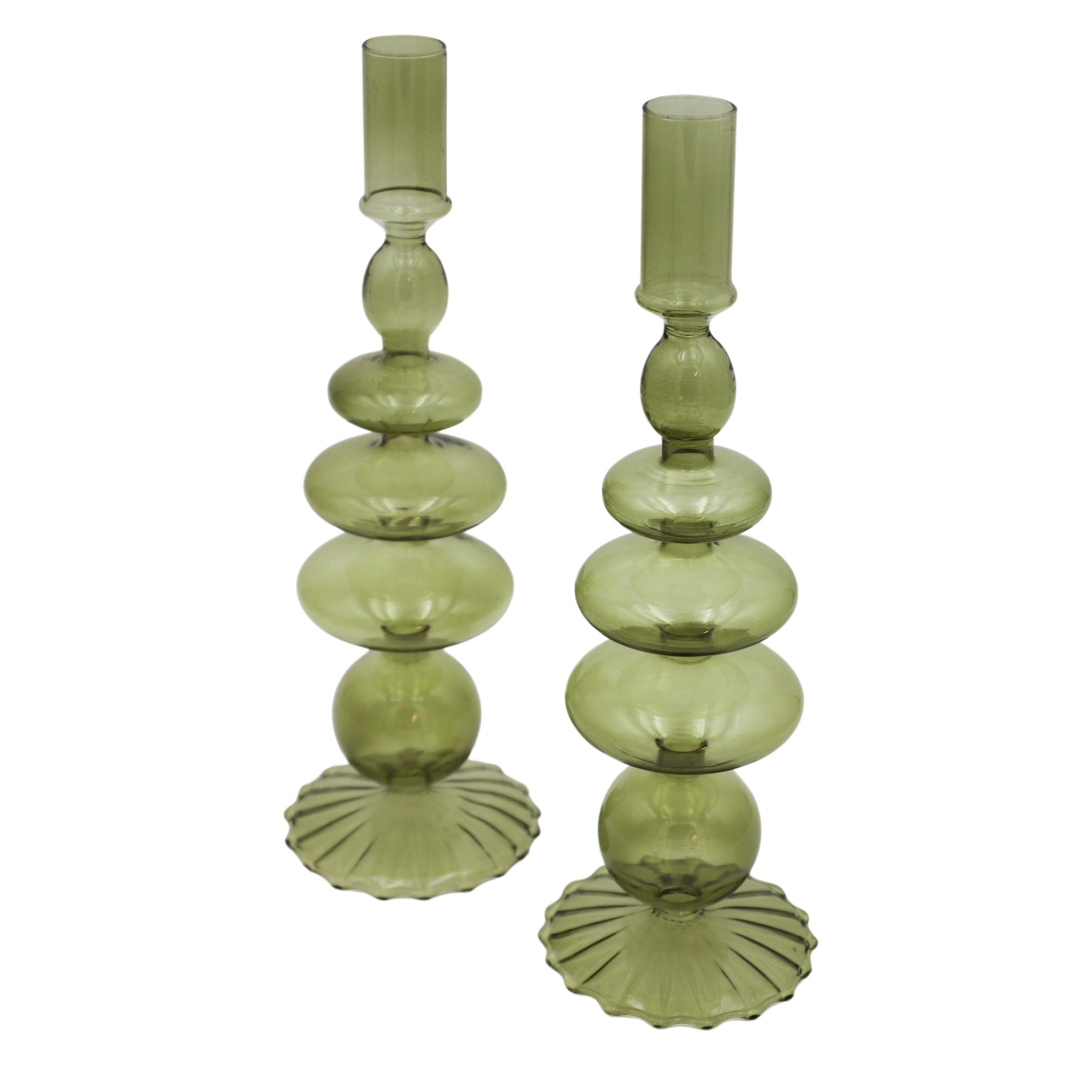 Bougeoir en saule vert avec base nervurée (lot de 2)