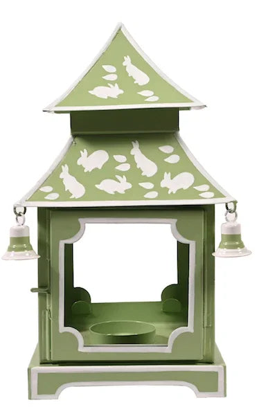Lanterne pagode verte et blanche avec motif de lapin